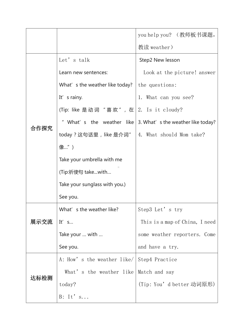 陕旅版五年级下册英语Unit 5 What’s the Weather like Today -Part A-教案、教学设计-公开课-(配套课件编号：20a39).doc_第2页