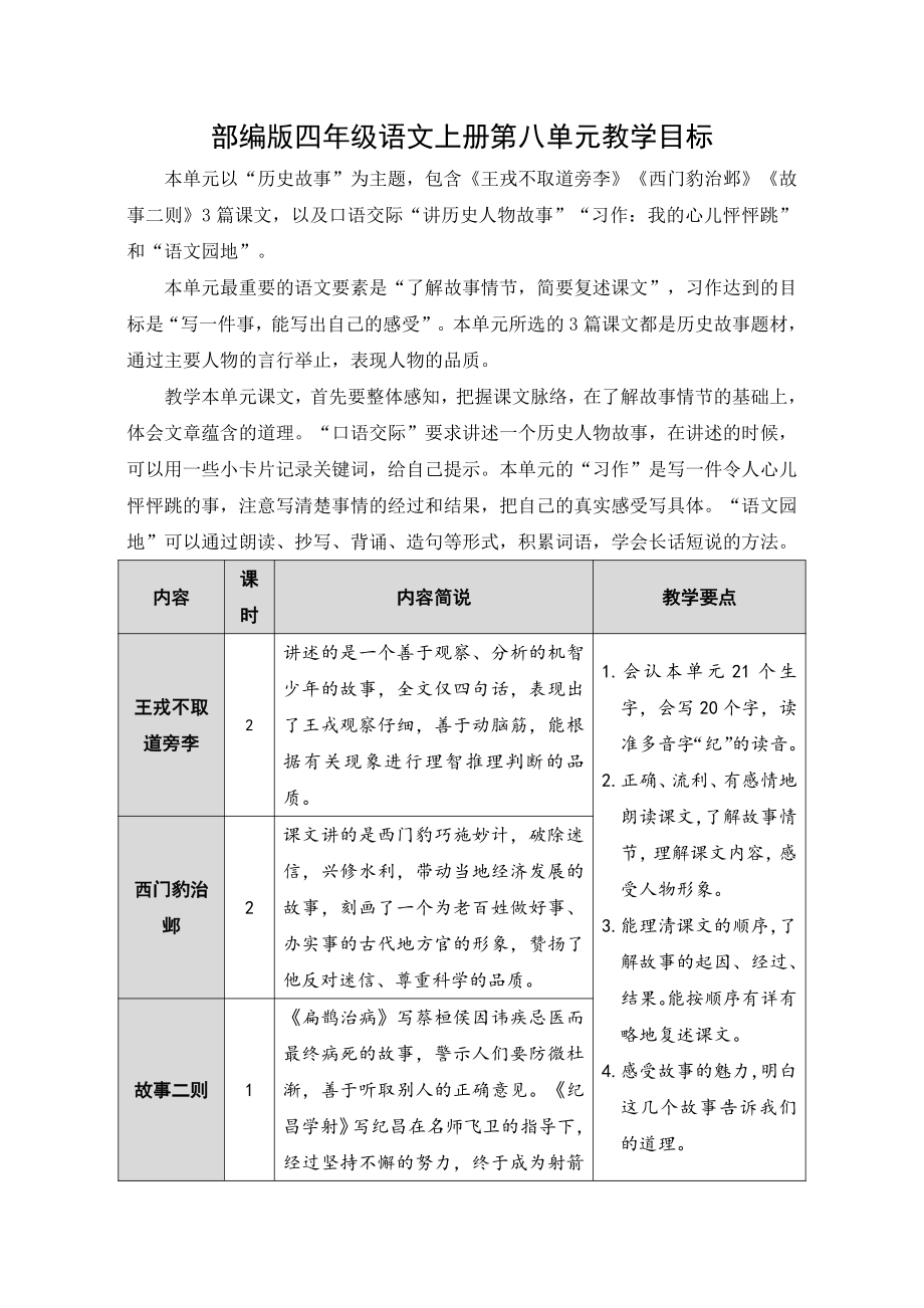 部编版南京某校四年级语文上册第八单元教学目标.docx_第1页