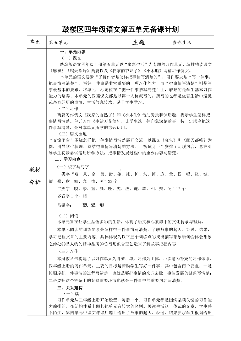 统编版南京鼓楼区某校四年级语文上册第五单元备课计划.doc_第1页