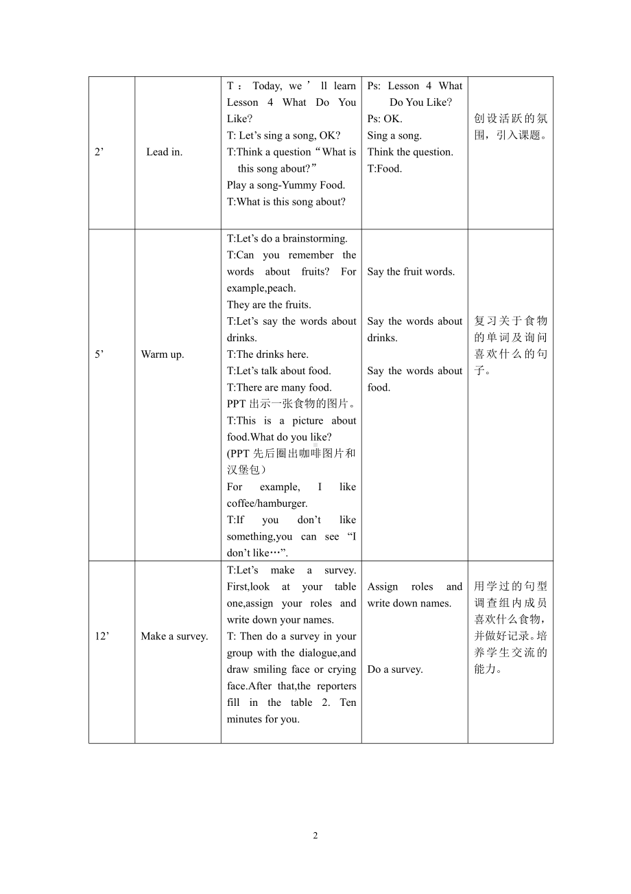 川教版四下Unit 2 Having a Picnic-Lesson 4 What Do You Like -教案、教学设计--(配套课件编号：d0022).doc_第2页