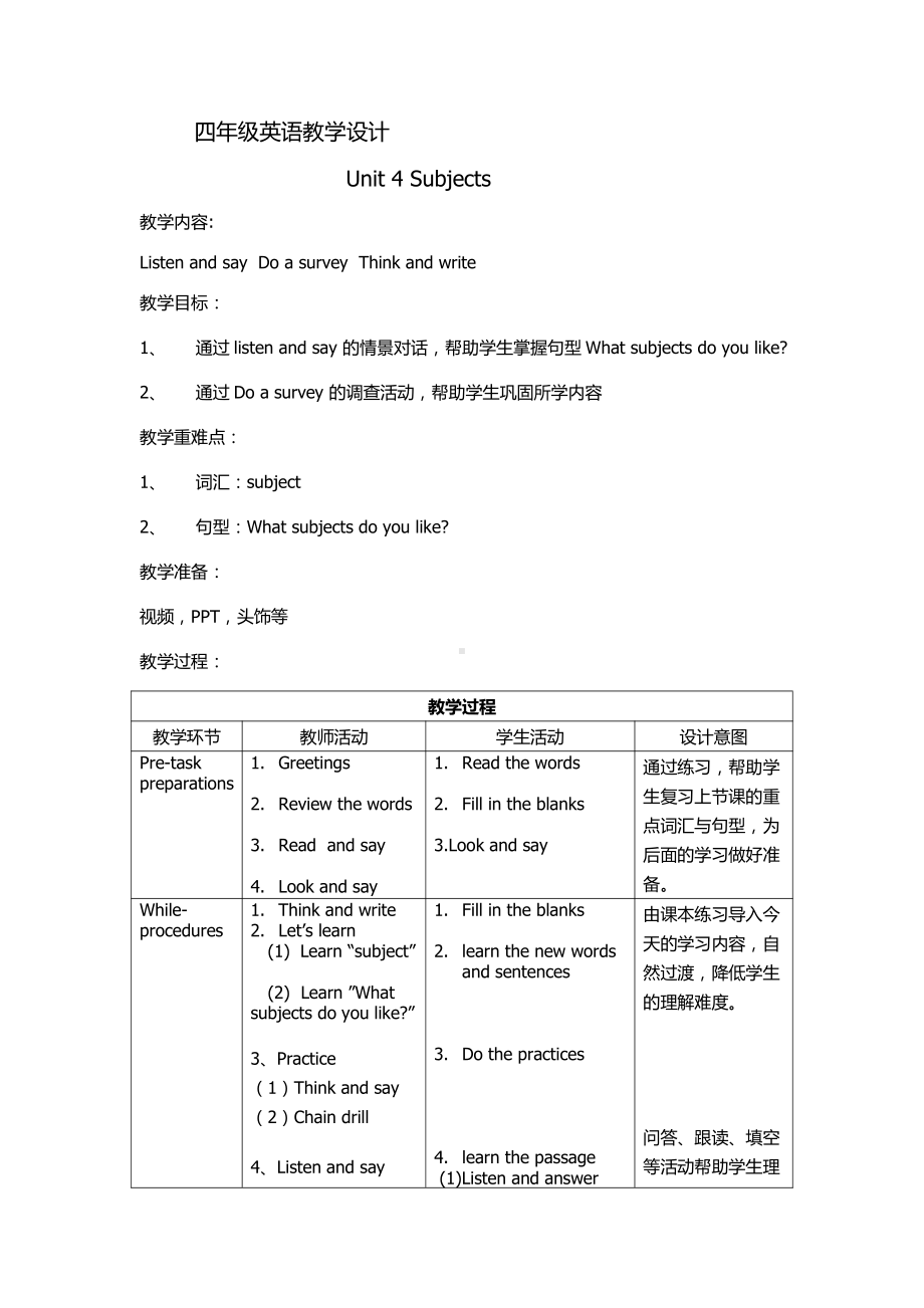 沪教版（三起）四年级下册Module 2 My favourite things-4 Subjects-教案、教学设计-公开课-(配套课件编号：80635).docx_第1页