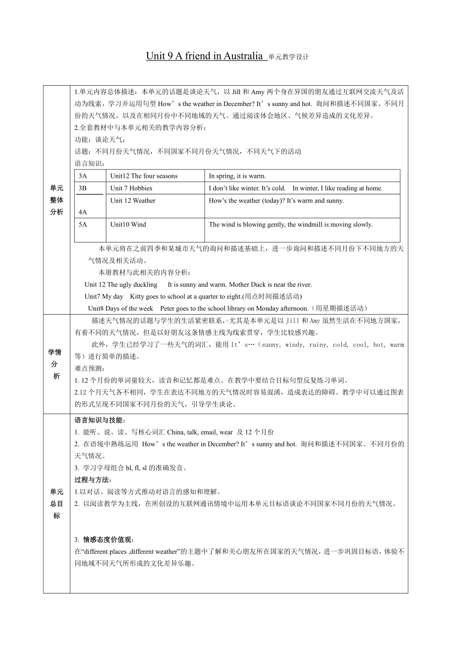 沪教版（三起）四年级下册Module 3 My colourful life-9 A friend in Australia-教案、教学设计-市级优课-(配套课件编号：00624).doc_第1页