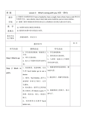 川教版六年级下册英语Unit 1 Different Jobs-Lesson 3 What's Wrong with You -教案、教学设计--(配套课件编号：d0bfd).docx