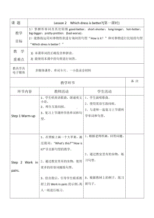 川教版六年级下册英语Unit 1 Different Jobs-Lesson 2 Which Dress Is Better -教案、教学设计--(配套课件编号：405e9).doc