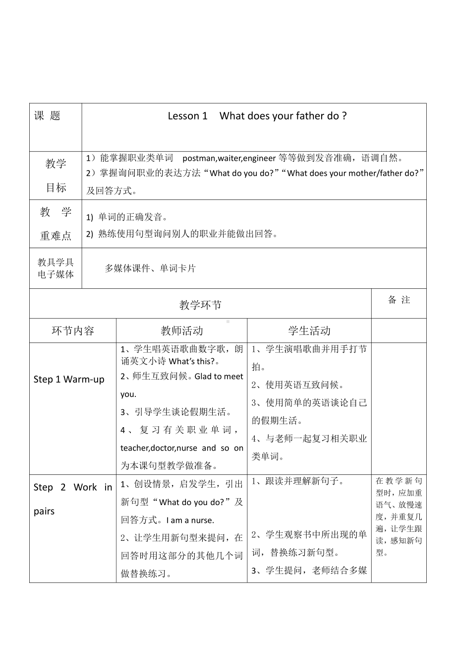 川教版六年级下册英语Unit 1 Different Jobs-Lesson 1 What Does Your Father Do -教案、教学设计--(配套课件编号：3065d).docx_第1页