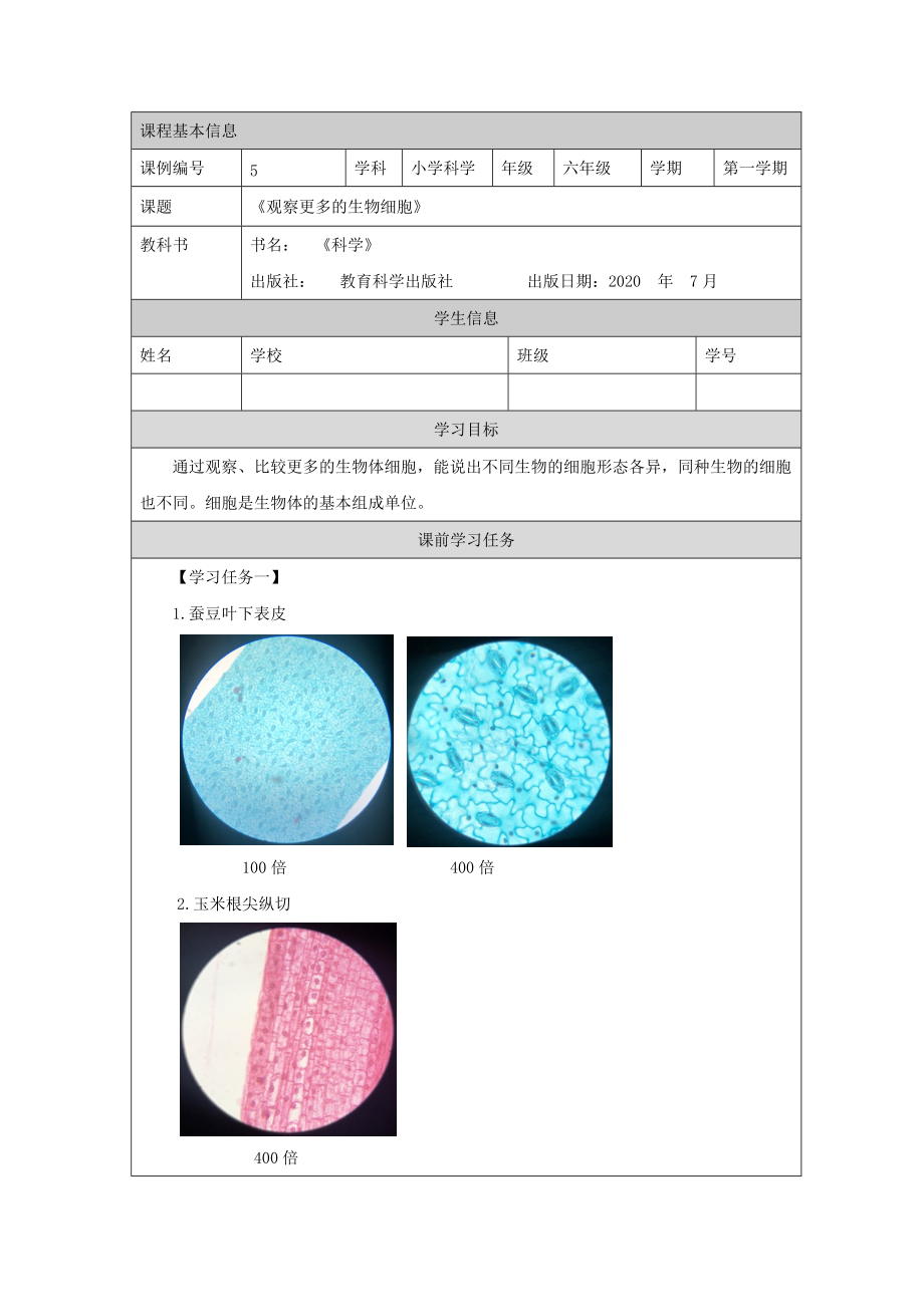 2021新教科版六年级上册科学1.5《观察更多的生物细胞》ppt课件（教案+任务单+练习+素材）.zip