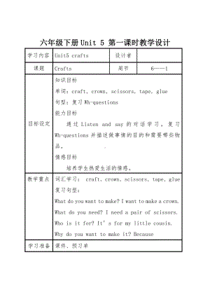 沪教版（三起）六下英语Module 2 Work and play-5 Crafts-教案、教学设计-公开课-(配套课件编号：c0cff).docx