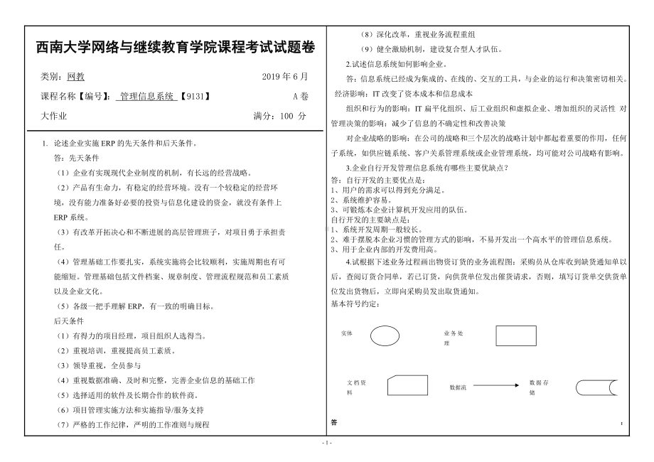 西南大学2019年网络与继续教育[9131]《管理信息系统》大作业试题（资料）.doc_第1页