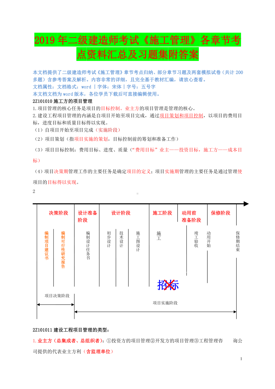 2019年二级建造师考试《施工管理》各章节考点资料汇总及习题集附答案备考可编辑.docx_第1页