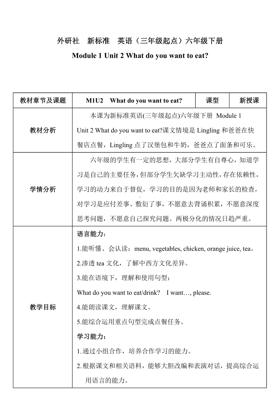 外研版（三起）六年级下册Module 1-Unit 2 What do you want to eat -教案、教学设计-部级优课-(配套课件编号：62e81).doc_第1页