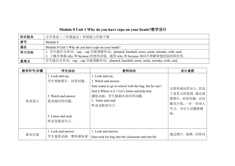 外研版（三起）六年级下册Module 8-Unit 1 Why do you have cups on your heads -教案、教学设计-公开课-(配套课件编号：b0432).doc_第1页