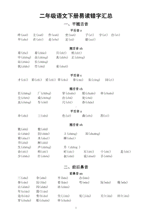 小学语文部编版二年级下册《易错字》（读错写错）汇总.docx