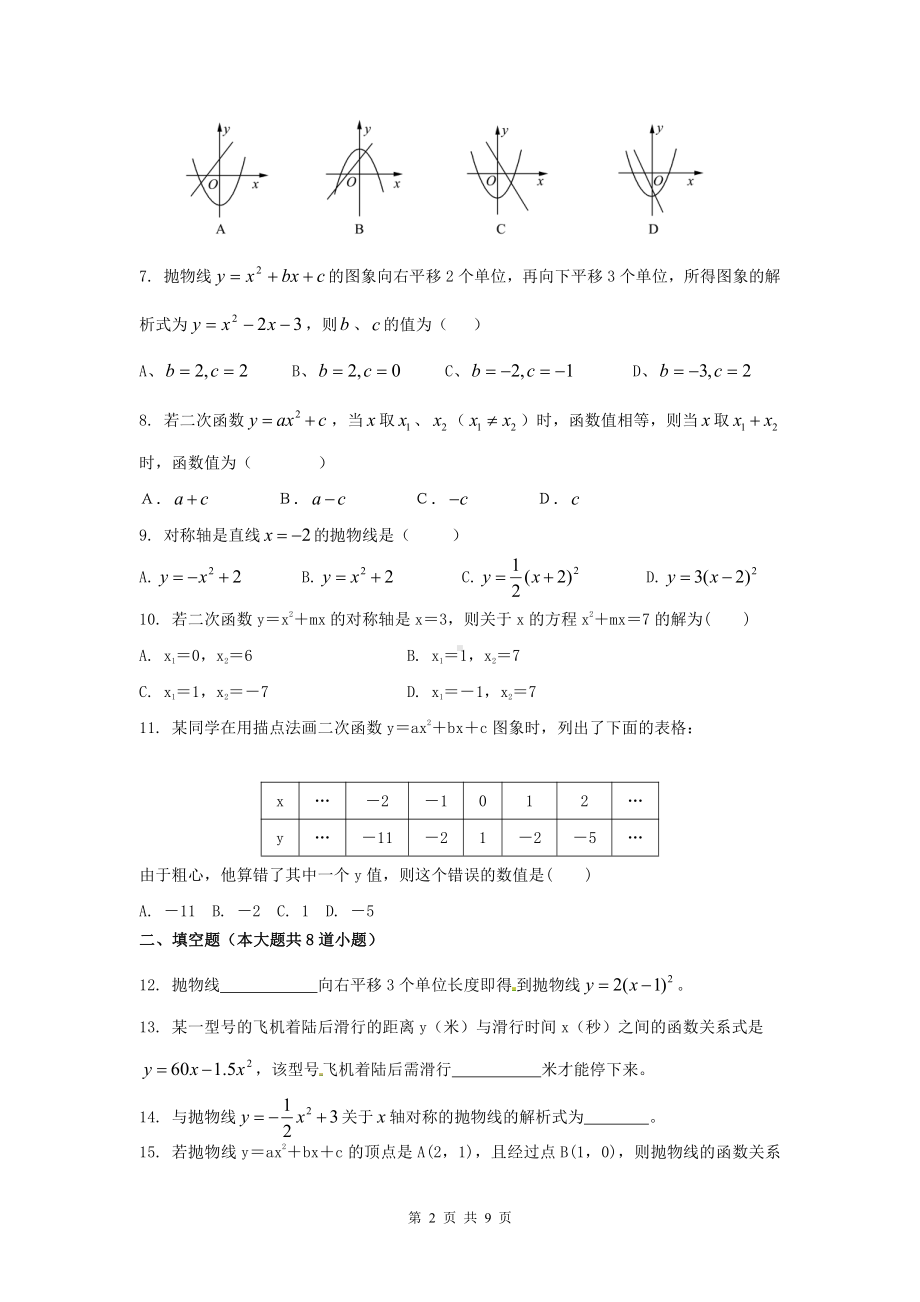 2022年中考数学一轮复习：二次函数的图像及其性质 专项练习题2（Word版含答案）.doc_第2页