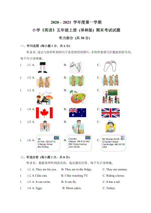 2020年秋学期小学《英语》五年级上册(译林版)期末考试试题.doc