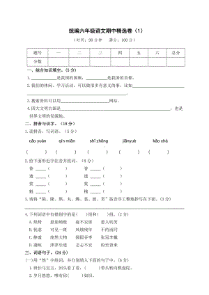 期中精选卷-2021-2022学年语文六年级上册（含答案）.doc