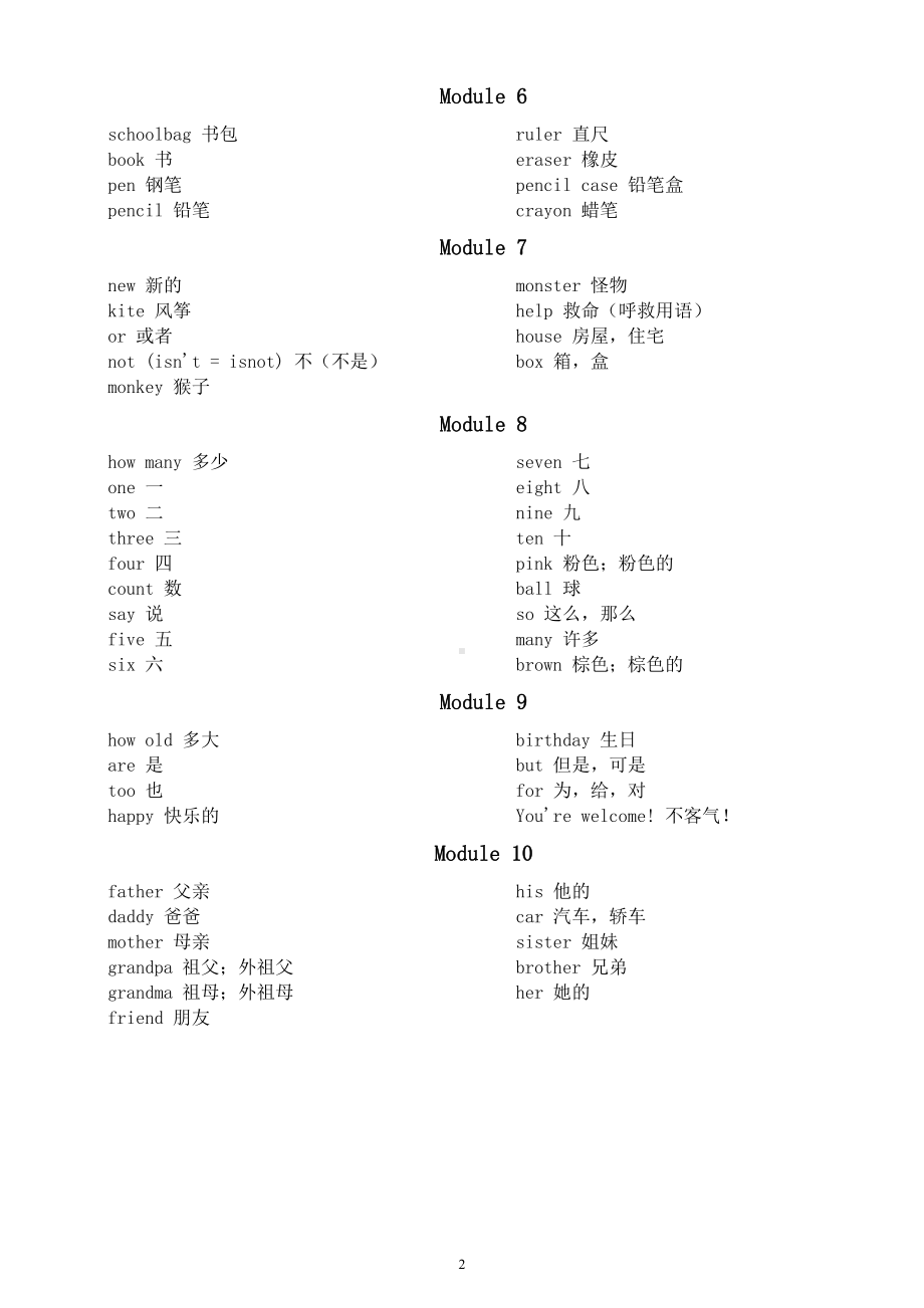 小学英语外研社（一起点）一年级上册《单词》汇总（直接打印每生一份熟读熟记）.docx_第2页