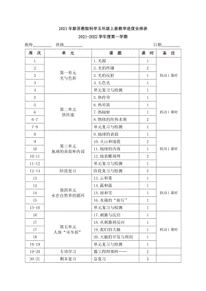 2021年秋新苏教版科学五年级上册教学进度安排表.docx