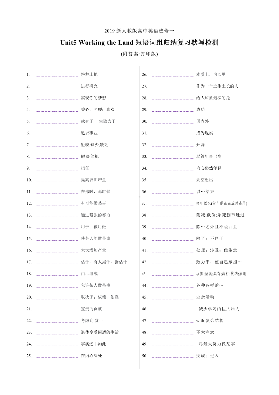 （2021新人教版）高中英语选择性必修第一册一Unit5 Working the Land短语词组归纳复习默写检测(附答案·打印版).docx_第1页