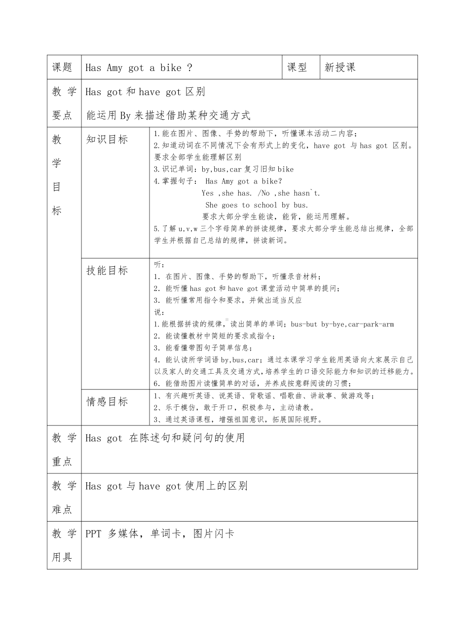 外研版（三起）三年级下册Module 9-Unit 2 Has Amy got a bike -教案、教学设计--(配套课件编号：d10a1).docx_第1页