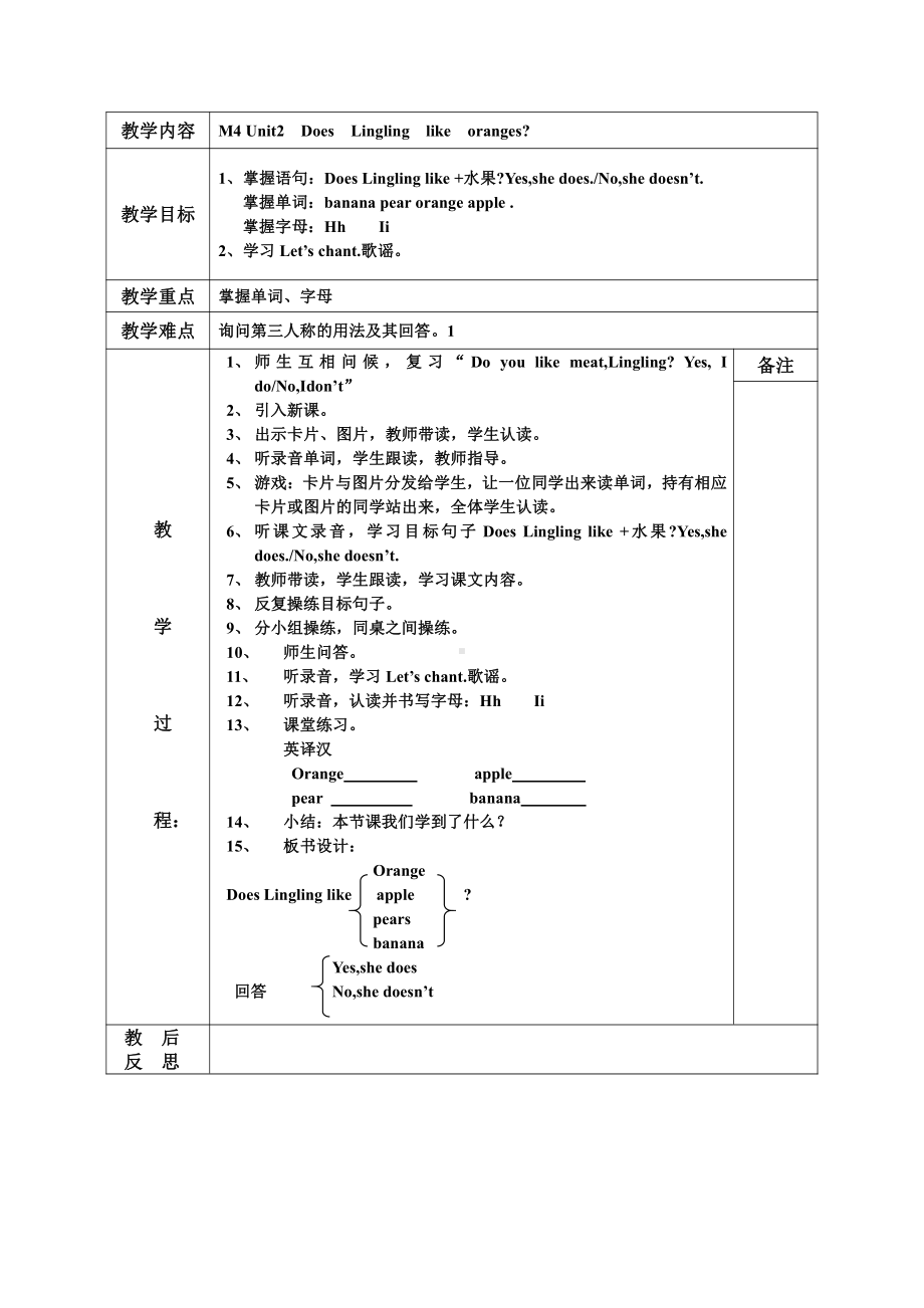 外研版（三起）三年级下册Module 4-Unit 2 Does Lingling like oranges -教案、教学设计--(配套课件编号：00122).docx_第1页