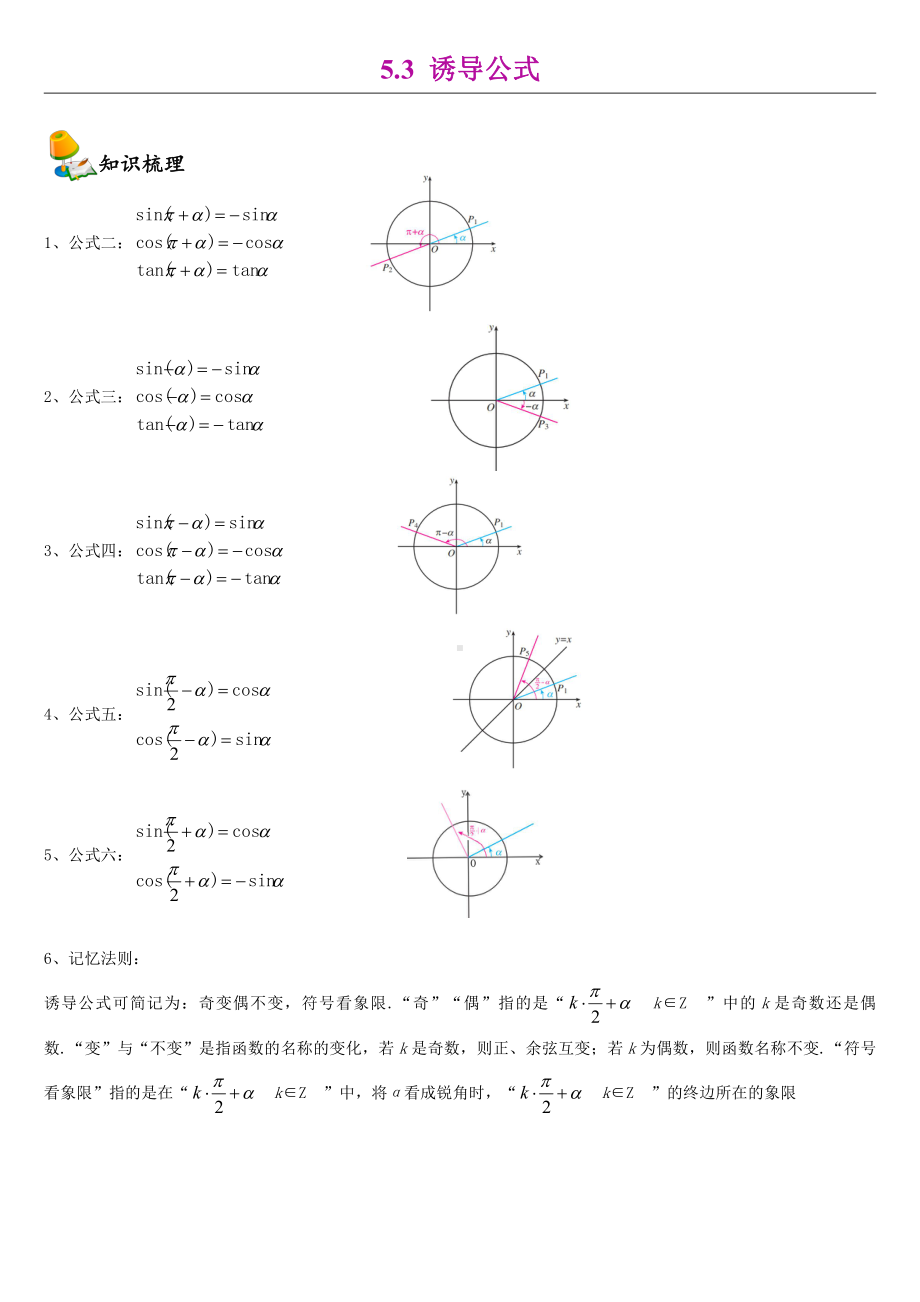 （2021新教材）人教A版《高中数学》必修第一册5.3诱导公式同步讲义.doc_第1页