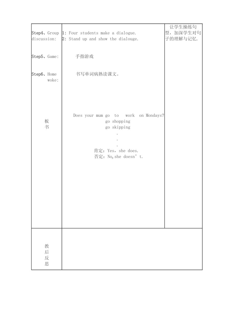 外研版（三起）三年级下册Module 5-Unit 2 Does your mum go to work on Saturdays -教案、教学设计--(配套课件编号：e07c6).doc_第2页