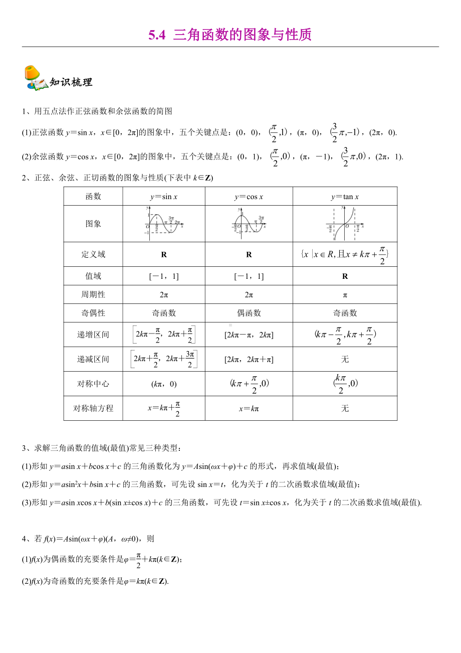 （2021新教材）人教A版《高中数学》必修第一册5.4三角函数图象与性质同步讲义.doc_第1页