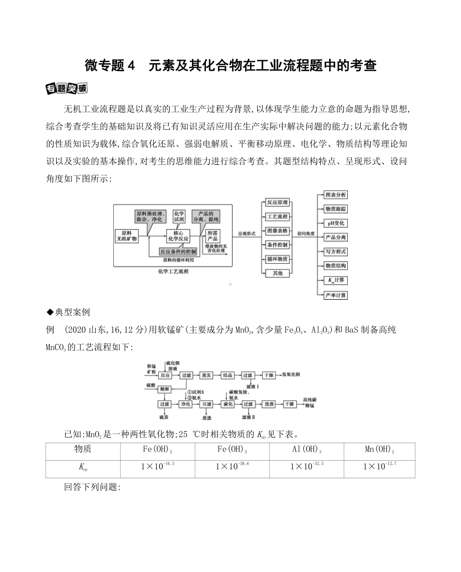 《3年高考2年模拟》2022课标版高中化学一轮复习 微专题4　元素及其化合物在工业流程题中的考查.docx_第1页