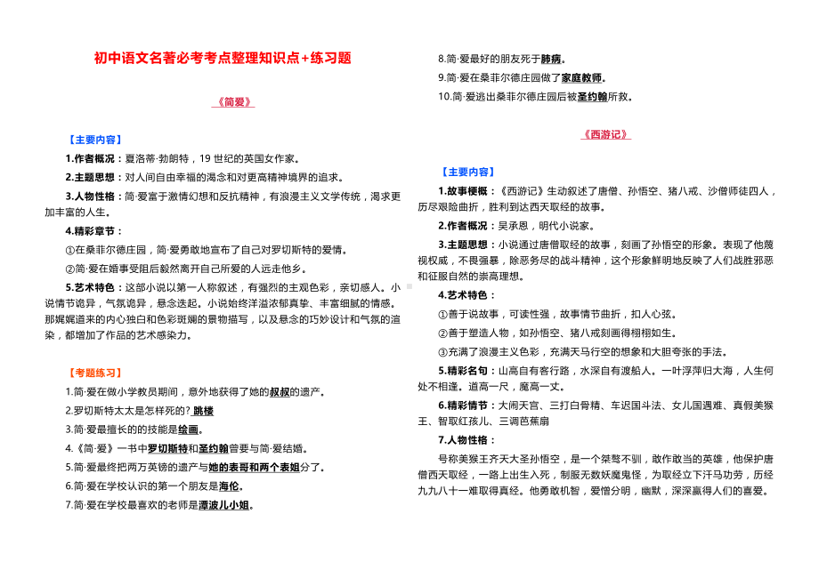 初中语文名著必考考点整理知识点+练习题.docx_第1页