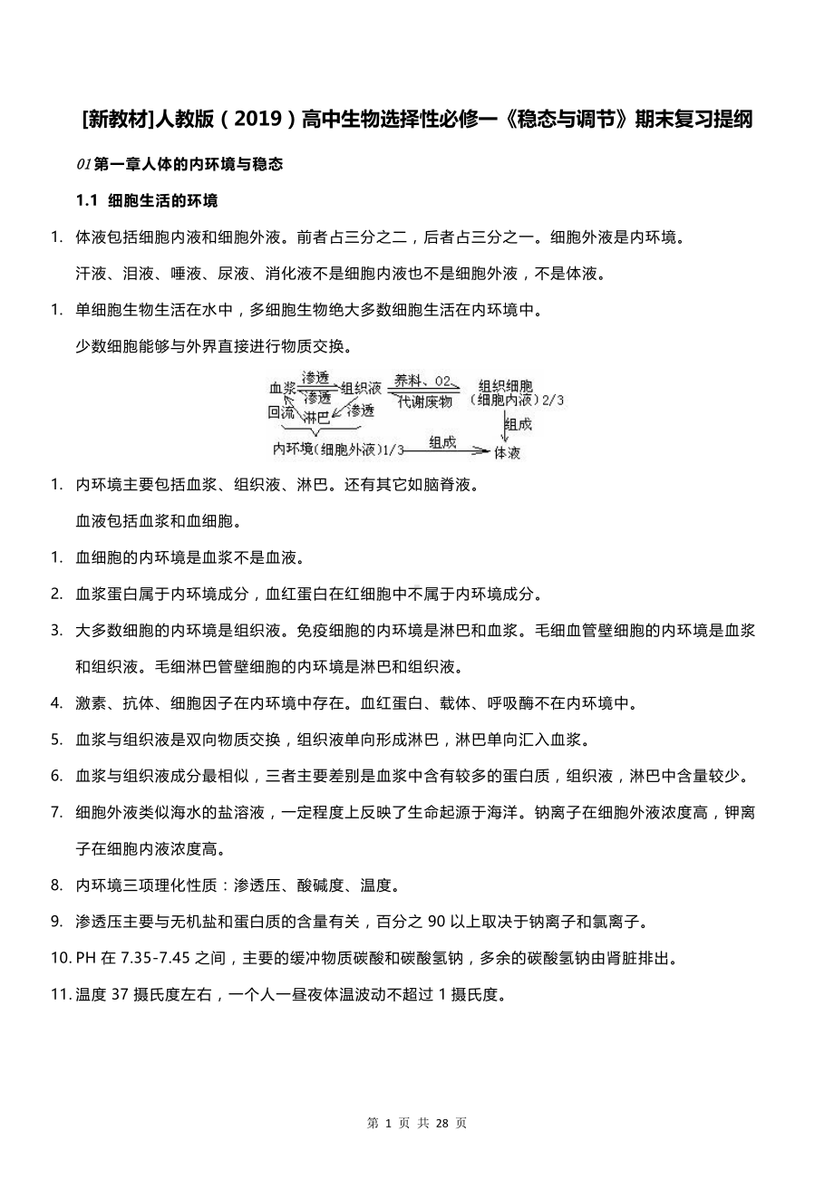 [新教材]人教版（2019）高中生物选择性必修一《稳态与调节》期末复习提纲（全面必备！）.docx_第1页