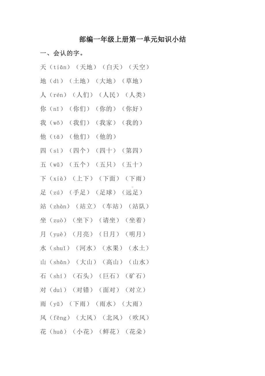 部编版一年级上册语文1-8单元知识点+1-8看拼音写汉字+期末知识点汇总.doc_第1页