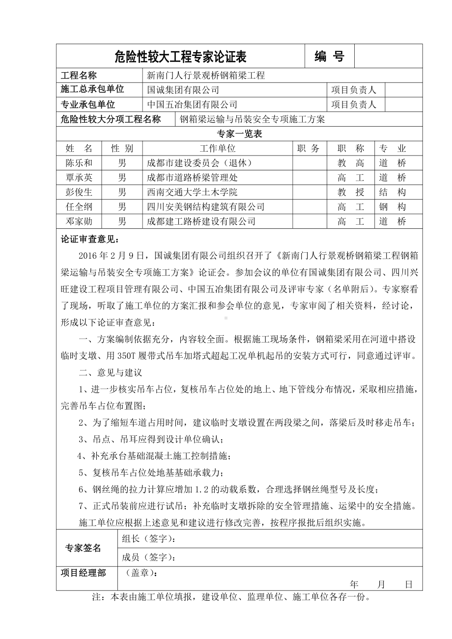 危险性较大工程专家论证表（钢箱梁吊装）.doc_第1页