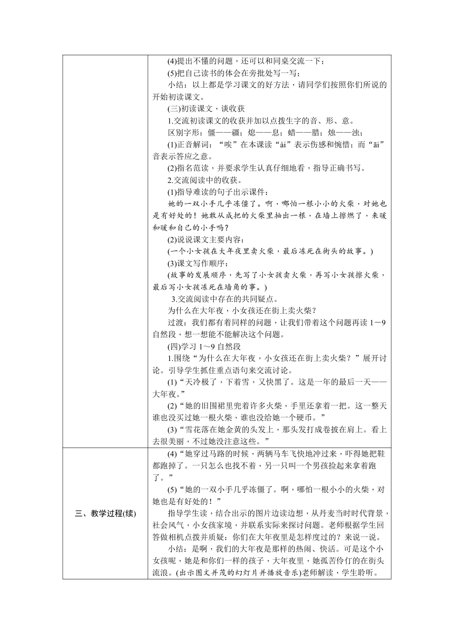 人教统编版三年级上册语文8.卖火柴的小女孩 表格式教案.docx_第2页