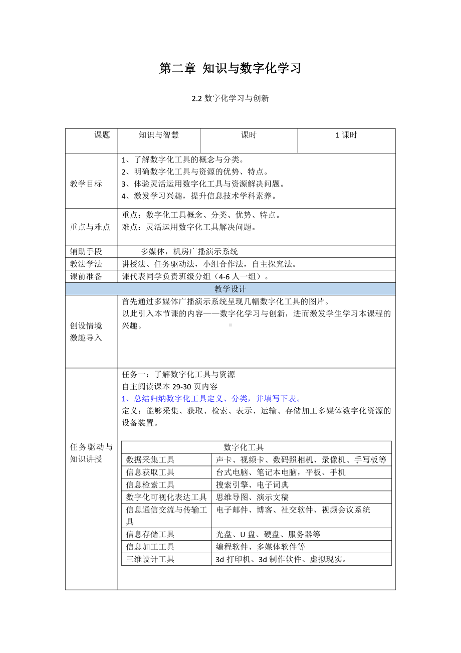 （2021新粤教版）高中信息技术必修一2.2数字化学习与创新教案.doc_第1页