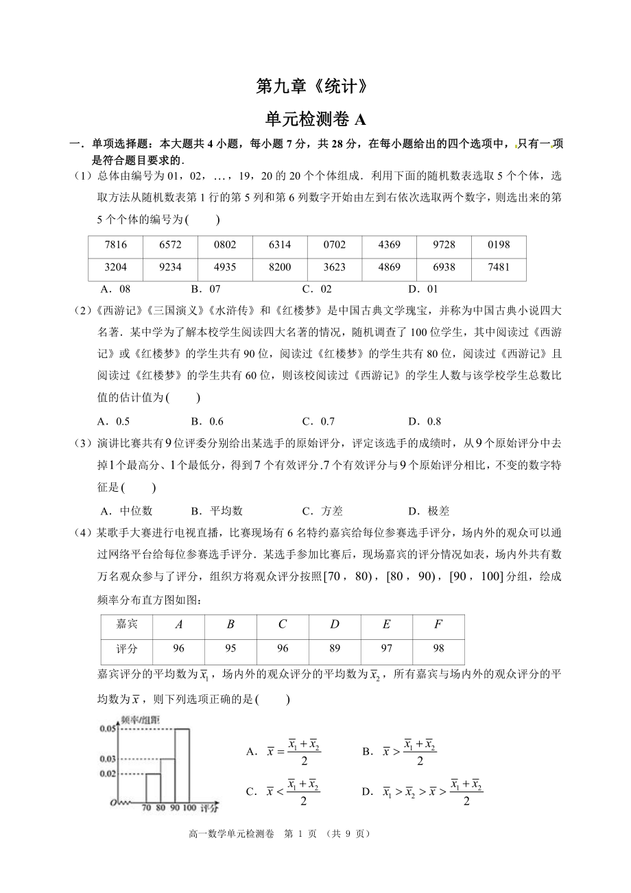 （2021新教材）人教A版高中数学必修第二册第九章《统计》单元检测卷A.doc_第1页