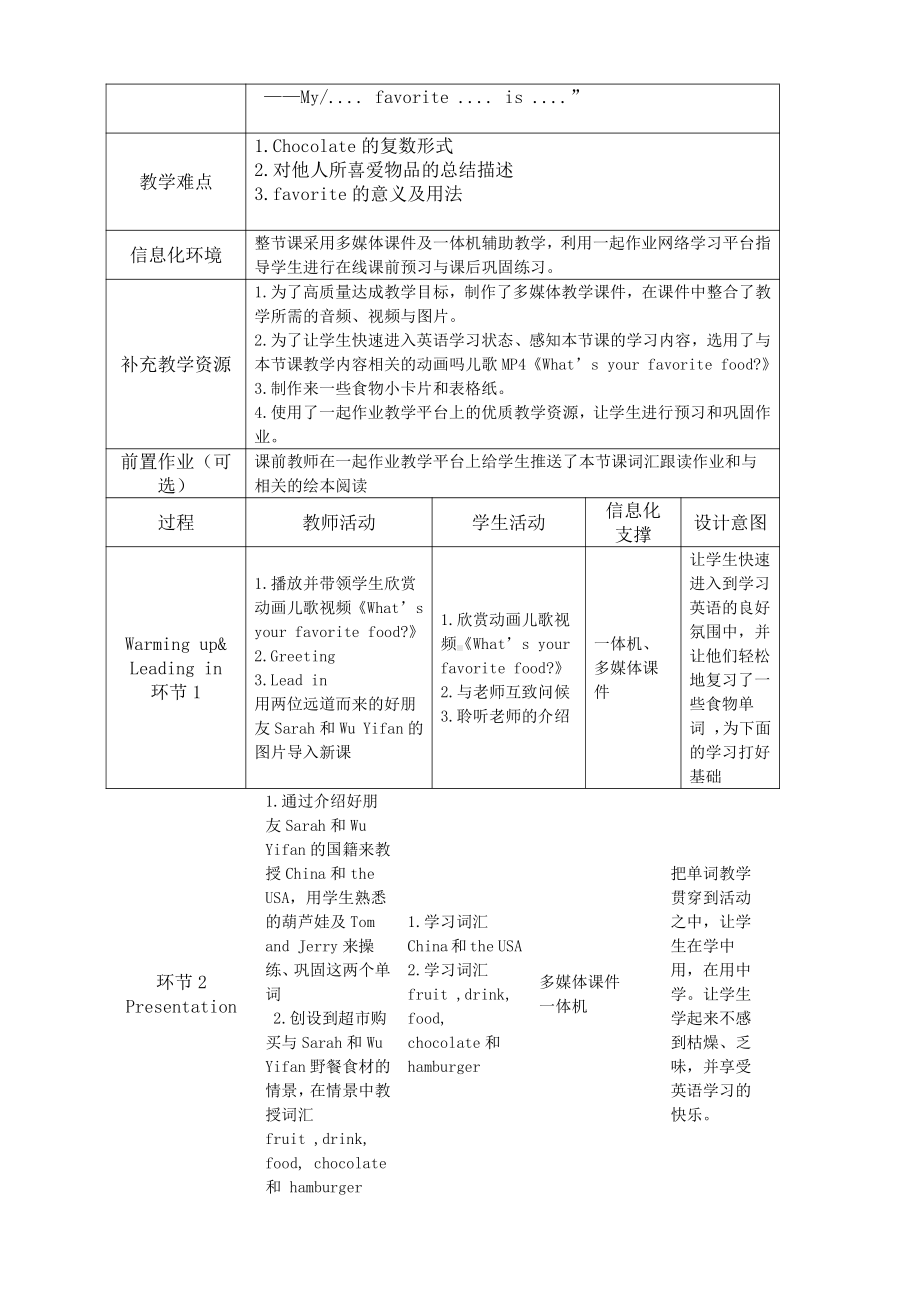 陕旅版五年级上册Unit 3 My favorite food is hamburgers-Part A-教案、教学设计-省级优课-(配套课件编号：20788).docx_第2页