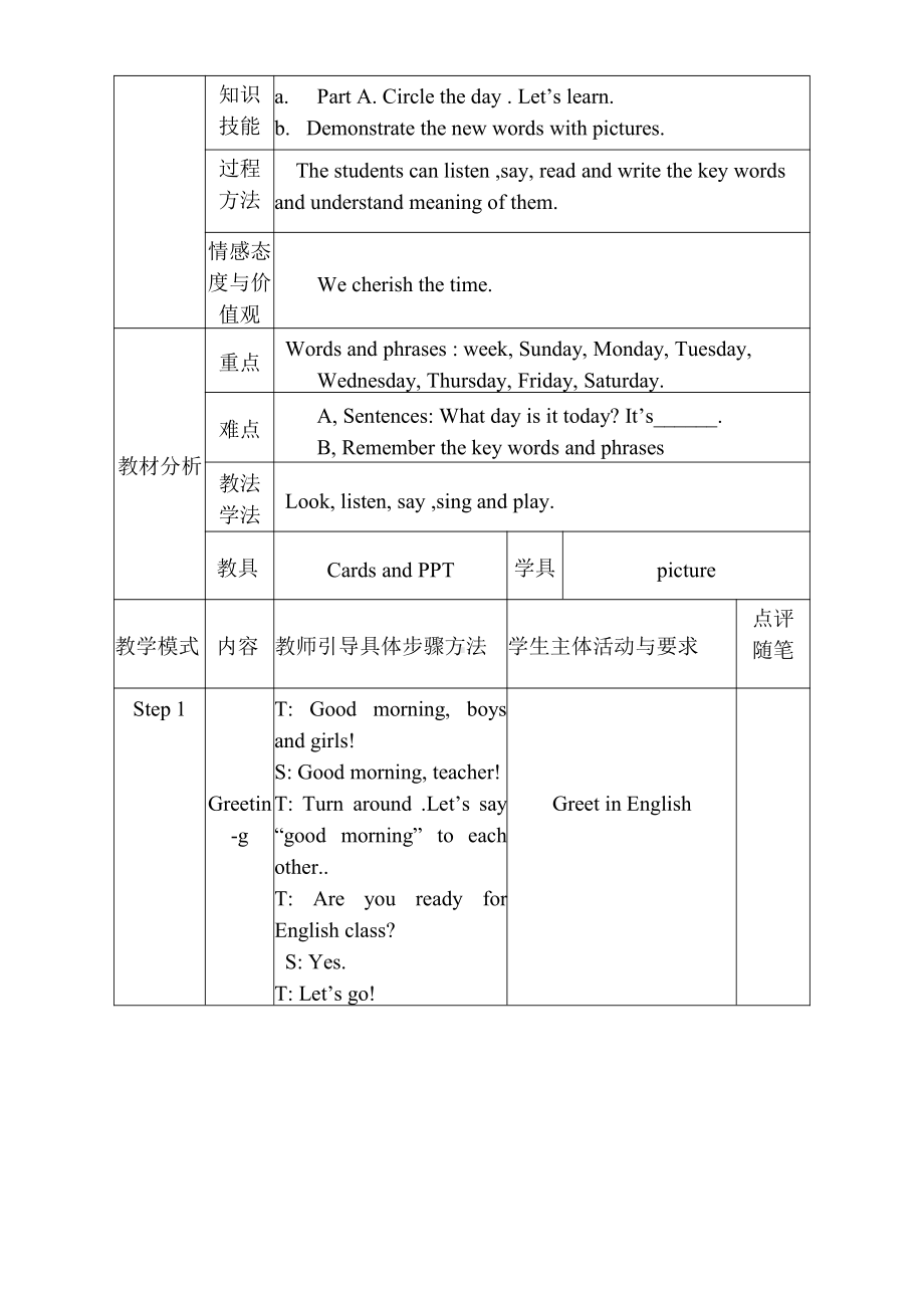 陕旅版四年级上册Unit 7 It's Tuesday.-Part A-教案、教学设计-市级优课-(配套课件编号：b0e44).doc_第1页