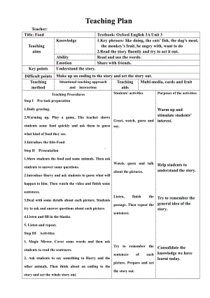 人教版（新起点）三年级上册Unit 3 Food-Story Time-教案、教学设计-市级公开课-(配套课件编号：00689).doc