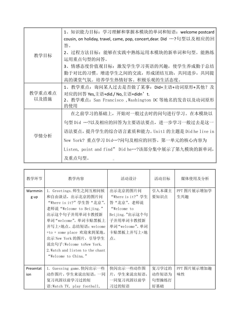 外研版（三起）四下Module 9-Unit 1 Did he live in New York -教案、教学设计-公开课-(配套课件编号：90573).doc_第1页