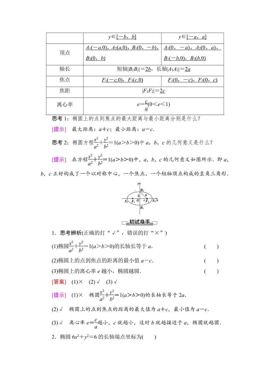 （2021新教材）人教B版高中数学选择性必修第一册第2章 2.5.2　椭圆的几何性质讲义.doc_第2页