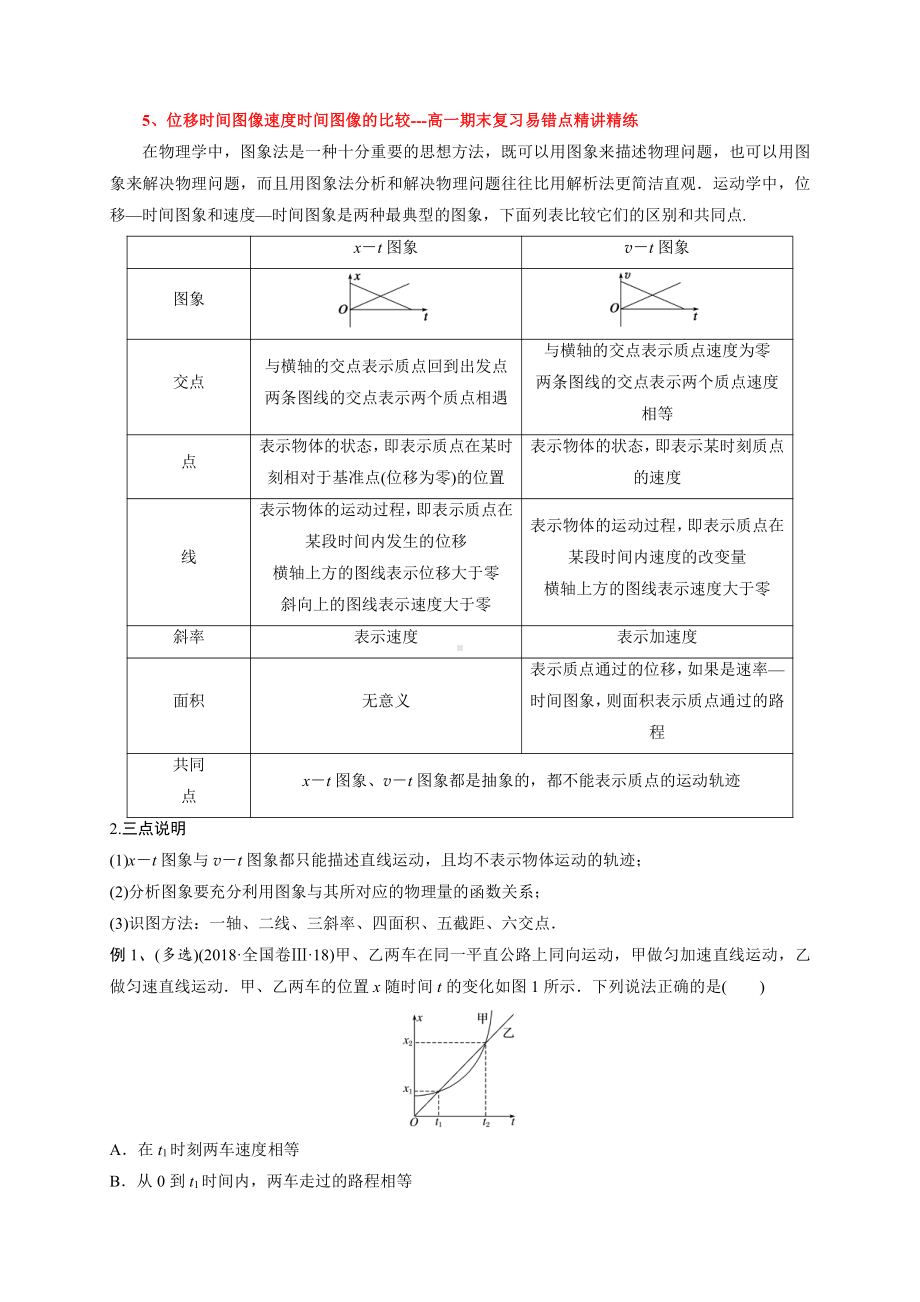 （2021新人教版）高中物理必修第一册5位移时间图像速度时间图像的比较期末复习易错点精讲精练.doc_第1页