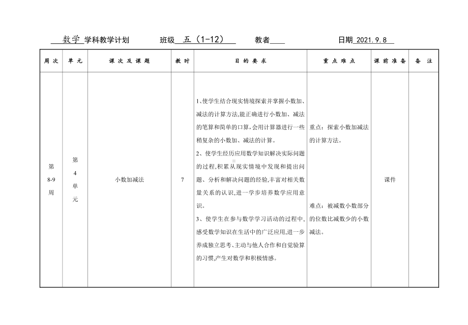 盐城市2021-2022苏教版五年级数学上册第4单元教学计划.doc_第1页