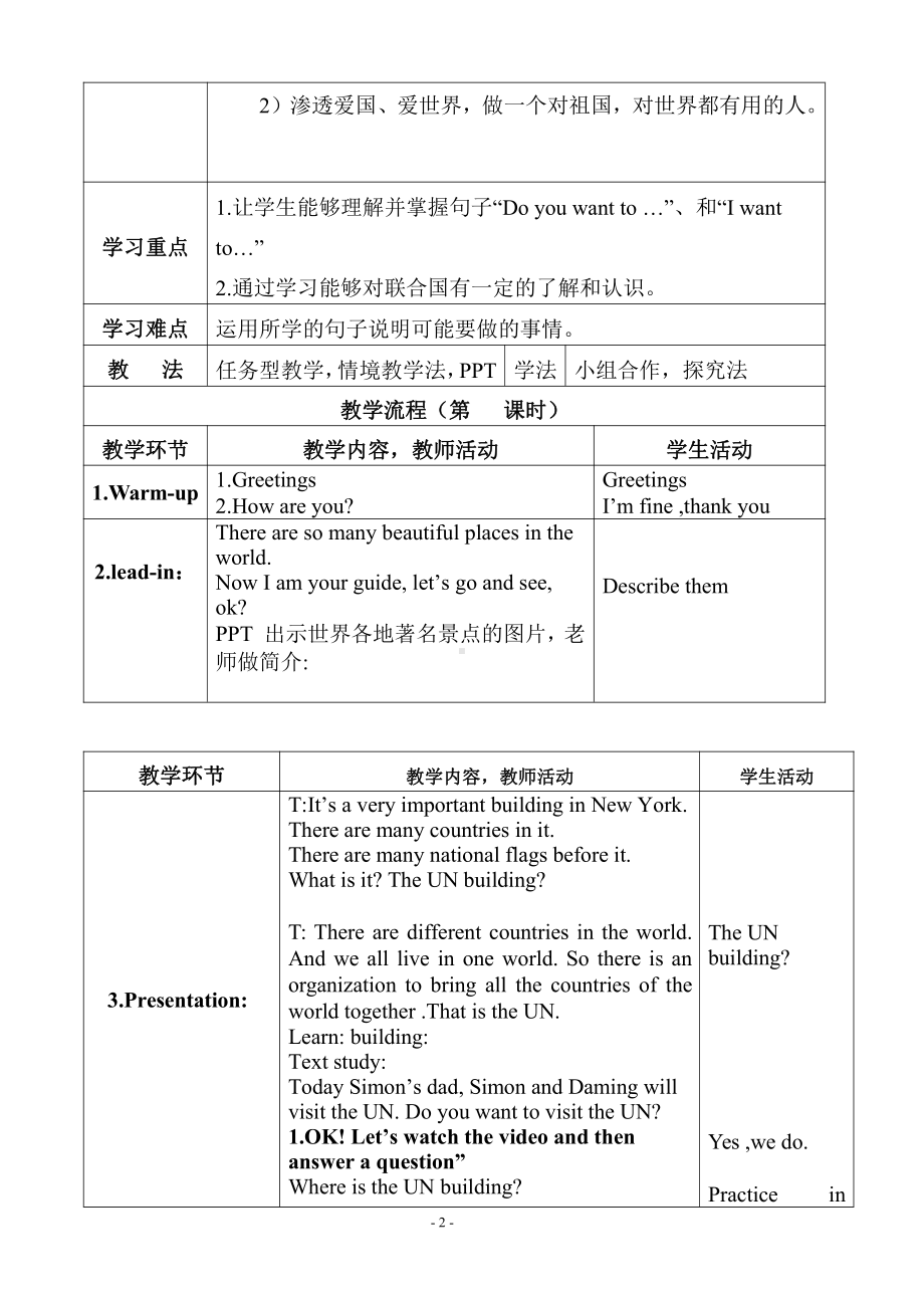 外研版（三起）六上Module 9-Unit 1 Do you want to visit the UN building -教案、教学设计-部级优课-(配套课件编号：b1319).doc_第2页