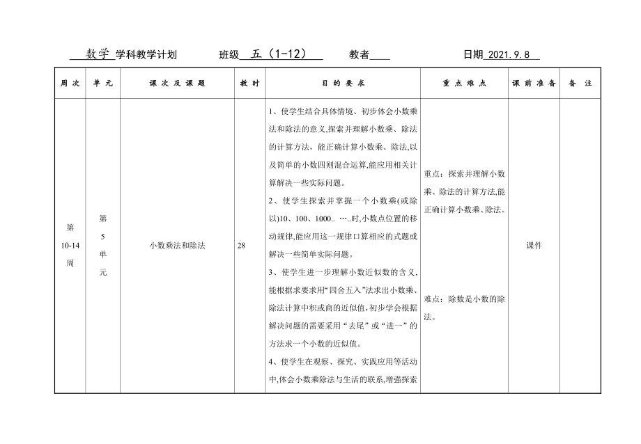 盐城市2021-2022苏教版五年级数学上册第5单元教学计划.doc_第1页