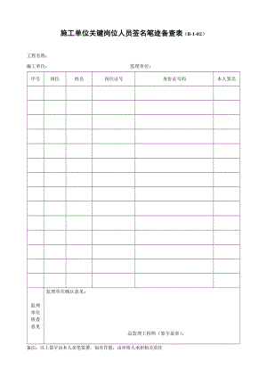 施工单位关键岗位人员签名笔迹备查表（B-1-02）.docx