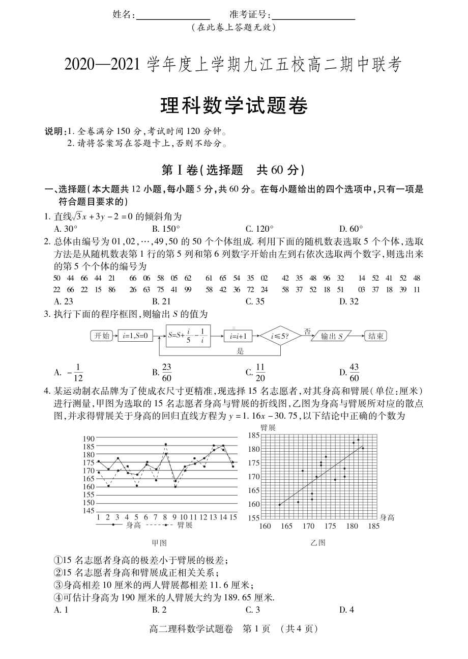 江西省九江五校2020-2021学年高二上学期期中联考试卷数学（理）试卷（PDF版）.pdf_第1页