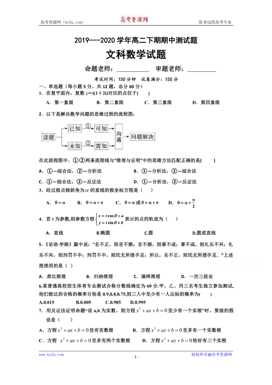 河南省淮阳县陈州高级中学2019-2020学年高二下学期期中考试数学（文）试卷 Word版含答案.doc_第1页