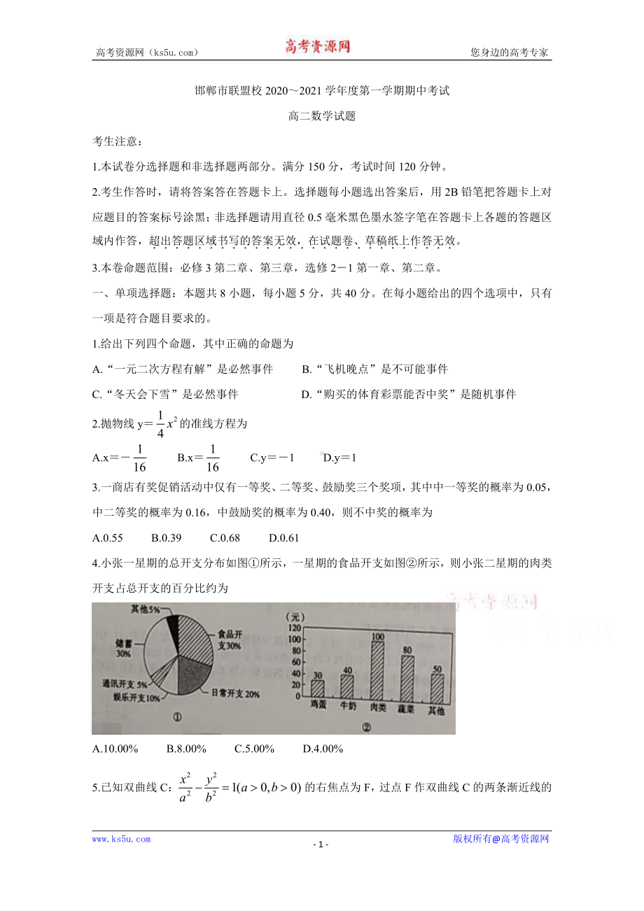 河北省邯郸市联盟校2020-2021学年高二上学期期中考试 数学 Word版含答案.doc_第1页