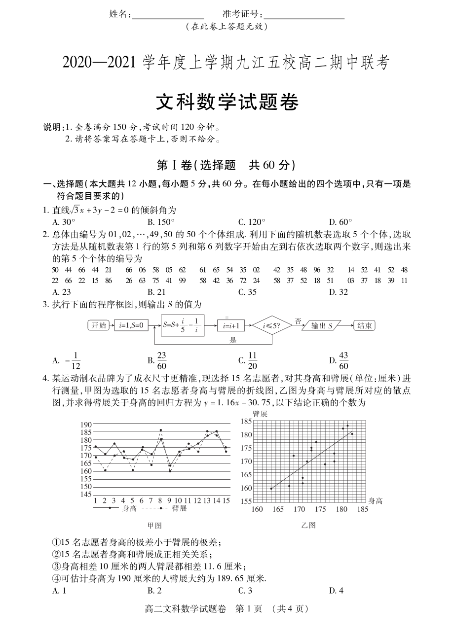 江西省九江五校2020-2021学年高二上学期期中联考试卷数学（文）试卷（PDF版）.pdf_第1页