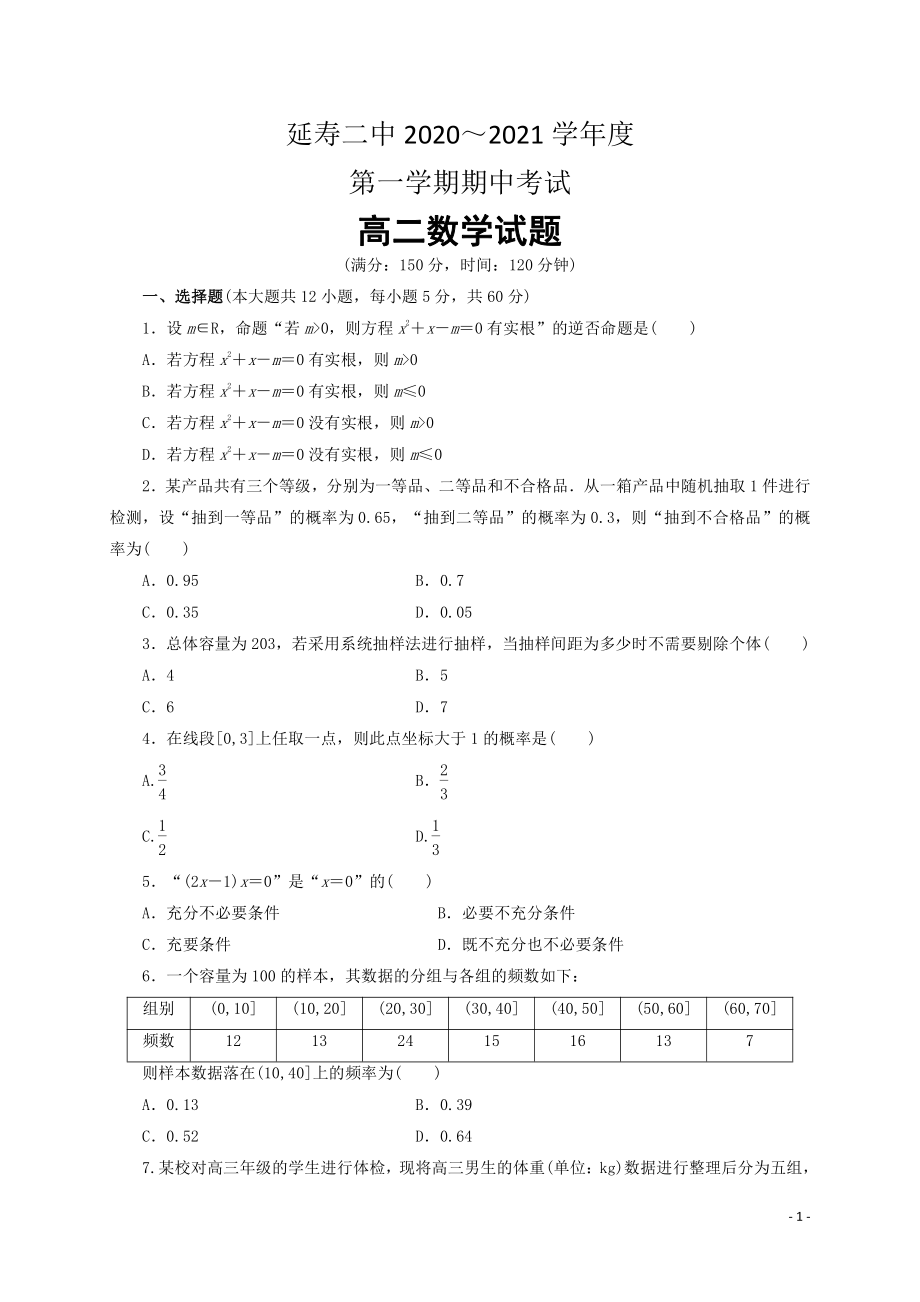 黑龙江省哈尔滨市延寿县第二中学2020-2021学年高二上学期期中考试数学试题 Word版含答案.doc_第1页